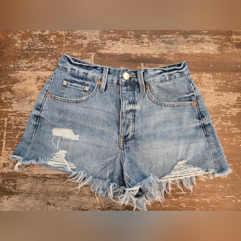 BLUE REVIVAL Frayed Hem Blue Denim Jean Shorts